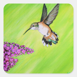 Pegatina Cuadrada Pintura de colibrí y lila