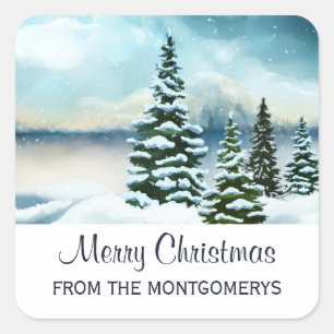 Pegatina Cuadrada Pintura de color acuático de invierno panorámico