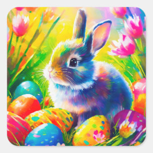 Pegatina Cuadrada Pintura de conejito de Pascua Bebé-91451