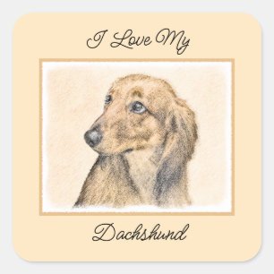 Pegatina Cuadrada Pintura de Dachshund (de cabello largo) - Arte Per