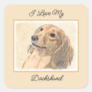 Pegatina Cuadrada Pintura de Dachshund (de cabello largo) - Arte Per