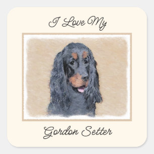 Pegatina Cuadrada Pintura de Gordon Setter - Arte de Perro Original.