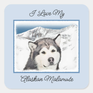 Pegatina Cuadrada Pintura de Malamute de Alaska - Arte de Perro Orig