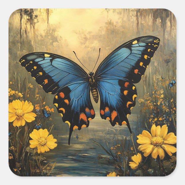 Pegatina Cuadrada Pintura de mariposa y flores amarillas de época (Anverso)