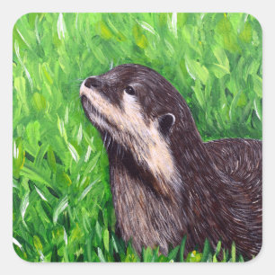 Pegatina Cuadrada Pintura de nutria de río pequeña