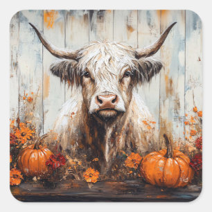 Pegatina Cuadrada Pintura de otoño rústica de vaca de Highland