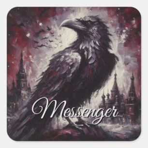 Pegatina Cuadrada Pintura de pájaro de gallo gótico Raven Crow de ar