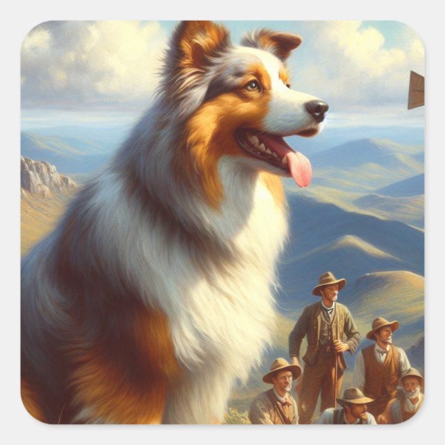 Pegatina Cuadrada Pintura de pastor australiano vintage (Anverso)