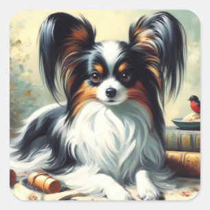Pegatina Cuadrada Pintura de perro de Papillon de época
