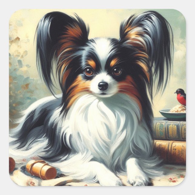 Pegatina Cuadrada Pintura de perro de Papillon de época (Anverso)