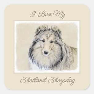 Pegatina Cuadrada Pintura de perro pastelero de Shetland - Arte de p