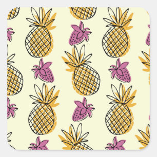 Pegatina Cuadrada Pintura de piña, diseño textil vintage de fresa.