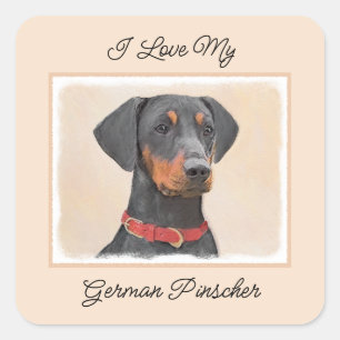Pegatina Cuadrada Pintura de Pinscher original de arte animal