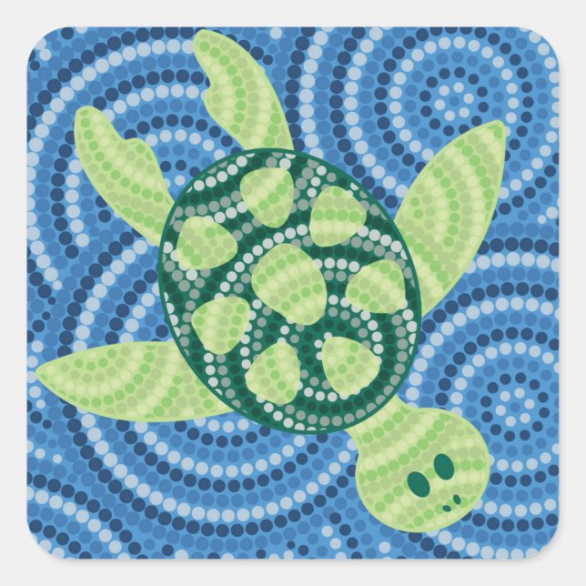 Pegatina Cuadrada Pintura de punto de tortuga aborigen (Anverso)