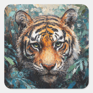 Pegatina Cuadrada Pintura de retrato de tigre en la selva