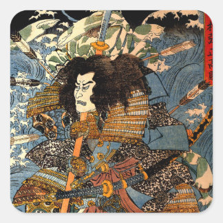 Pegatina Cuadrada Pintura de Samurai japonesa vintage Ukiyo-e