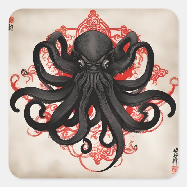 Pegatina Cuadrada Pintura de tinta de Cthulhu (Anverso)