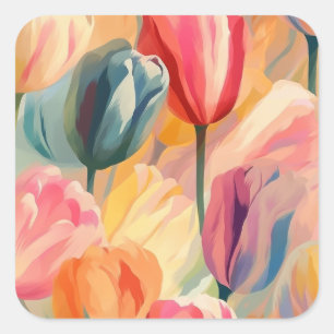 Pegatina Cuadrada Pintura de tulipán cúbico