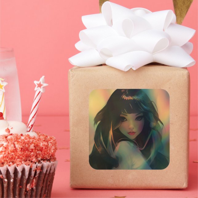 Pegatina Cuadrada Pintura de un Chica animado rodeado de arcoiris (Fiesta)