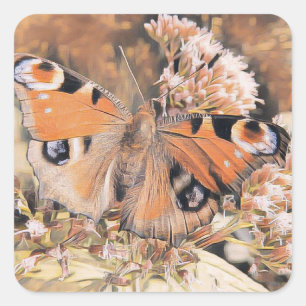 Pegatina Cuadrada Pintura de una mariposa naranja sobre las flores