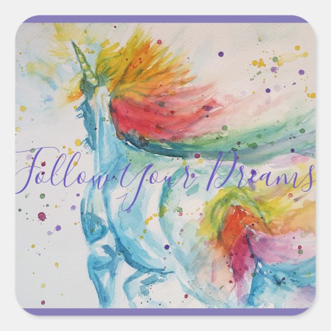 Pegatina Cuadrada Pintura de unicornio sigue tu acuarela de sueños (Anverso)