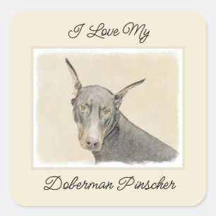 Pegatina Cuadrada Pintura Doberman Pinscher - Original Dog Art