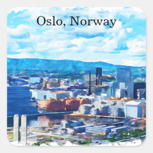 Pegatina Cuadrada Pintura en Acuarela de Oslo Noruega Vista Panorámi