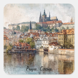 Pegatina Cuadrada Pintura en acuarela de Praga vintage Chequia