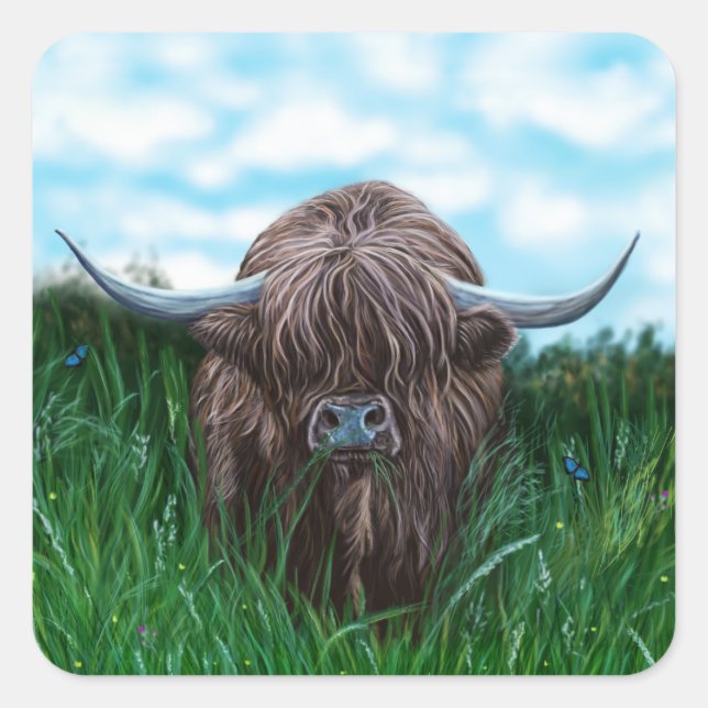 Pegatina Cuadrada Pintura escocesa de vacas en Highland (Anverso)
