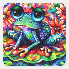 Pegatina Cuadrada Pintura Impresionista de rana floral capilar