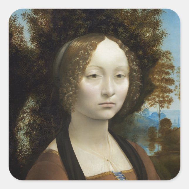 Pegatina Cuadrada Pintura Leonardo Da Vinci Ginevra De' Benci (Anverso)