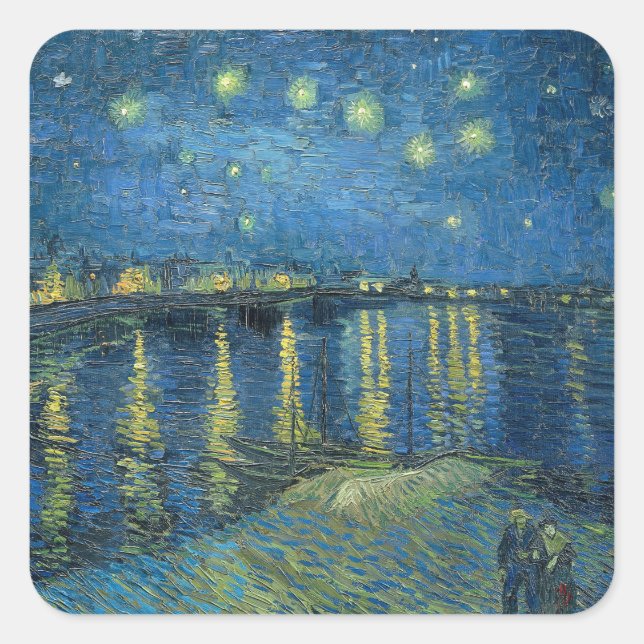 Pegatina Cuadrada Pintura nocturna de Van Gogh Starry Rhone (Anverso)