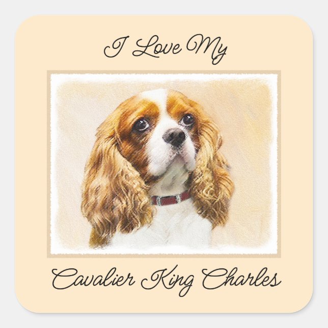 Pegatina Cuadrada Pintura original de Cavalier King Charles Spaniel (Anverso)