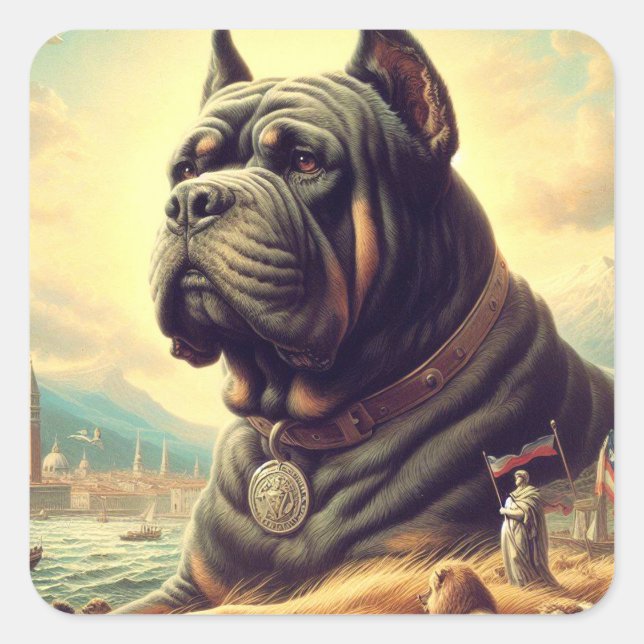 Pegatina Cuadrada Pintura Retro Cane Corso (Anverso)