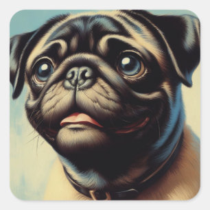 Pegatina Cuadrada Pintura retro de pug