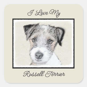 Pegatina Cuadrada Pintura Rusell Terrier - Arte Perro Original