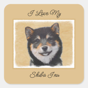 Pegatina Cuadrada Pintura Shiba Inu (Negro y Tan) - Escuadra de arte