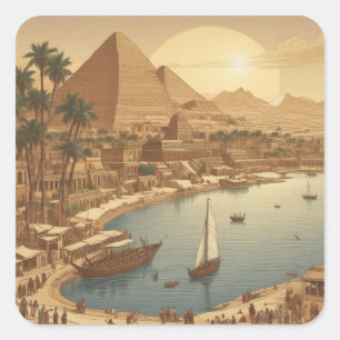 Pegatina Cuadrada Pirámides de Giza y agua