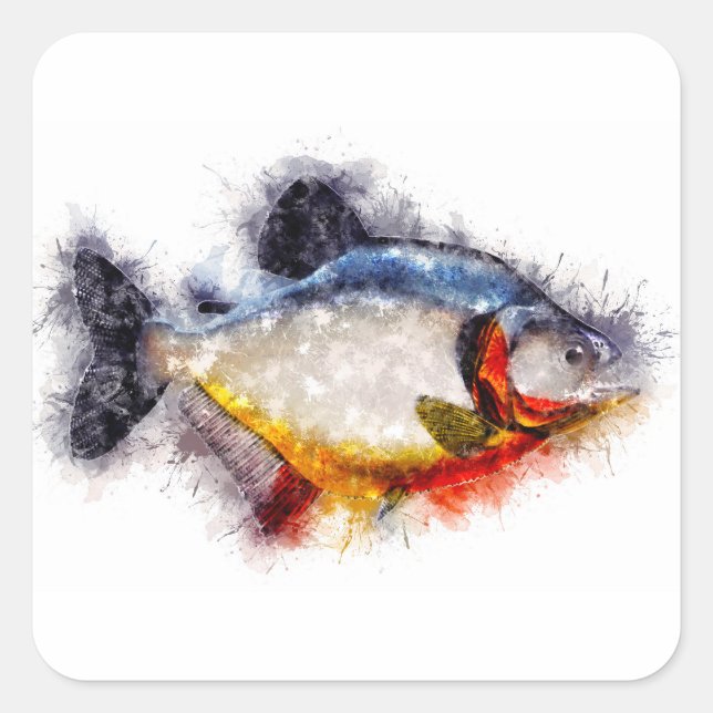 Pegatina Cuadrada Piranha de vientre roja monstruo peces aquarelle a (Anverso)