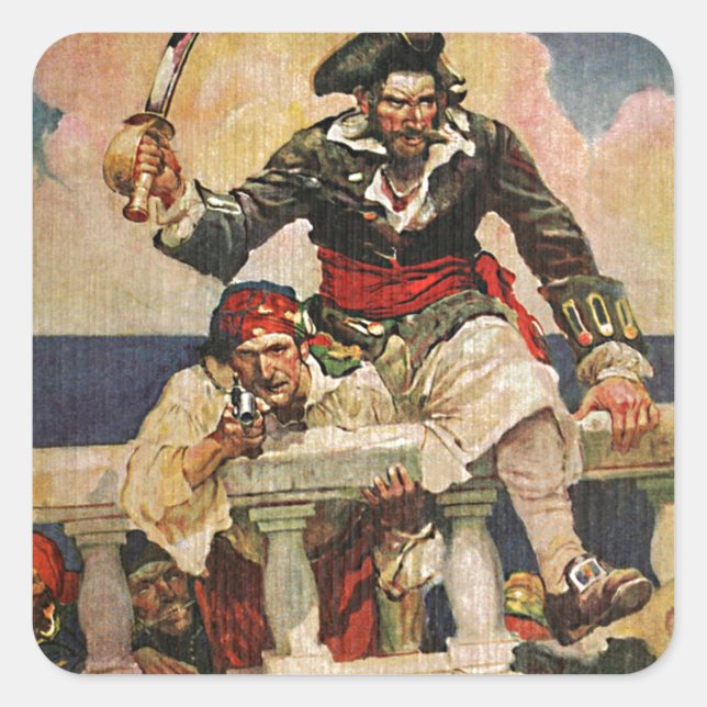 Pegatina Cuadrada Pirata Buccaneer de barba negra y Ilustracion mate (Anverso)