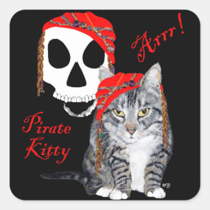 Pegatina Cuadrada Pirata de Gato de Tabby Halloween