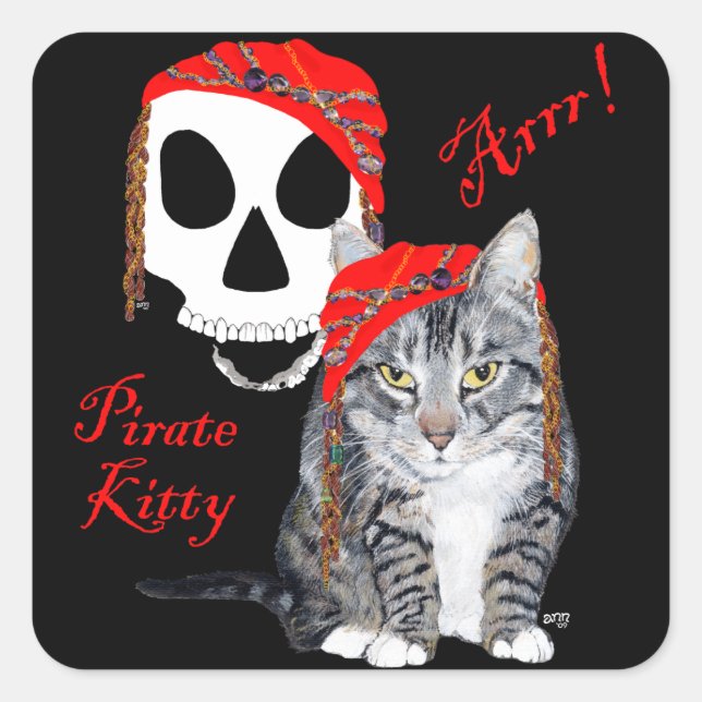Pegatina Cuadrada Pirata de Gato de Tabby Halloween (Anverso)