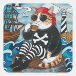 Pegatina Cuadrada Pirata Kitty en suéter negro difuso con un café