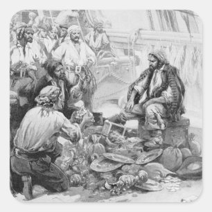 Pegatina Cuadrada Piratas antiguos contando sus tesoros y botín