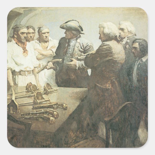 Pegatina Cuadrada Piratas de época, preparándose para el motín por N (Anverso)