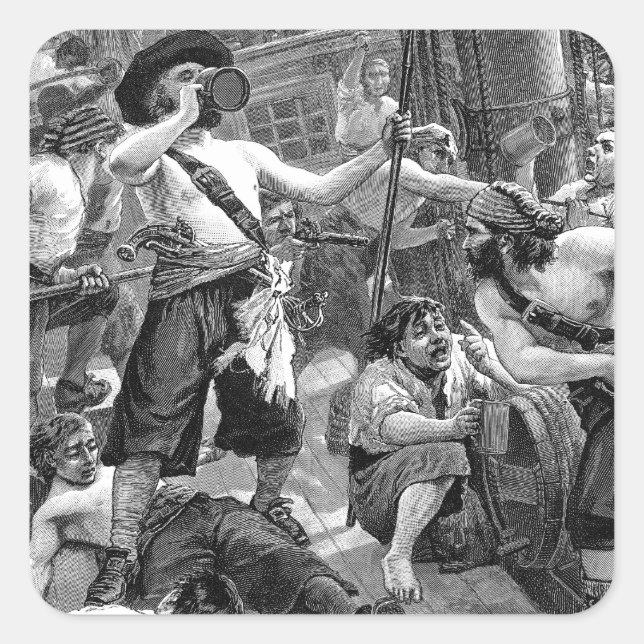 Pegatina Cuadrada Piratas de la época peleando y bebiendo en el barc (Anverso)