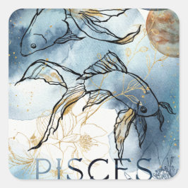 Pegatina Cuadrada Pisces gemelos zodiac flor de oro negro planetas