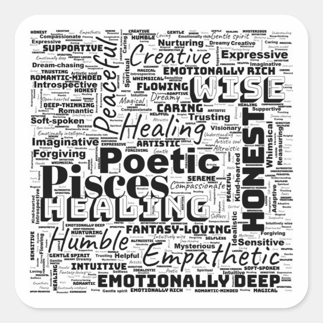 Pegatina Cuadrada Pisces Zodiac Word Cloud Inspiration (Anverso)