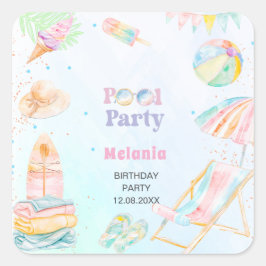 Pegatina Cuadrada     Piscina de acuarela cumpleaños de verano Plato