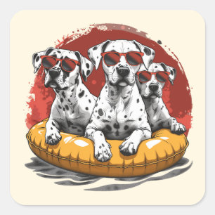 Pegatina Cuadrada Piscina de piña de verano de perros dálmatas flota